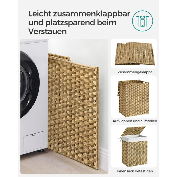 Кошик для білизни 90 літрів, ручне плетіння, з синтетичного ротангу, з кришкою та ручками, складаний, знімний мішок для білизни, н