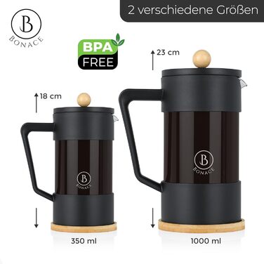 Френч-прес BONACE Glass Кавоварка на 5 чашок Прес для кави 1 л Колір чорний 2 змінні фільтри з нержавіючої сталі з бамбуковою підставкою НЕ МІСТИТЬ БІСФЕНОЛУ А Подарункова коробка 1 літр