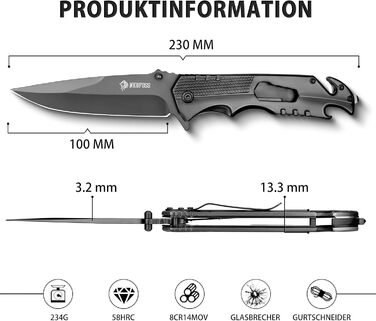 Кишеньковий ніж NedFoss FA48, рятувальний ніж з ремінним різаком та склорізом, складаний ніж з затискачем для ременя, одноручний н