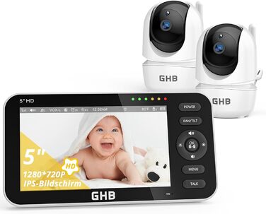 Радіоняня з 2 камерами 5-дюймовий 720P HD IPS-дисплей Камера радіоняні Режим VOX Двостороння розмова Нічне бачення Дисплей темпера