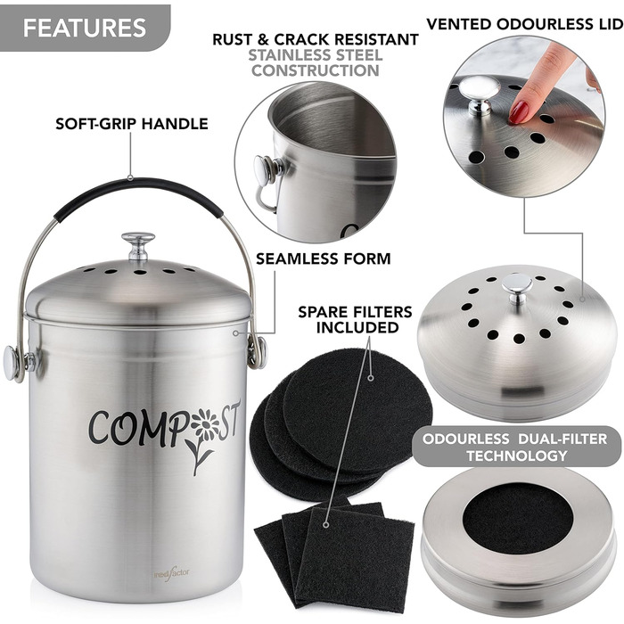 Компостний контейнер для кухні з нержавіючої сталі без запаху - контейнер для органічних відходів - з безкоштовними фільтрами з ак