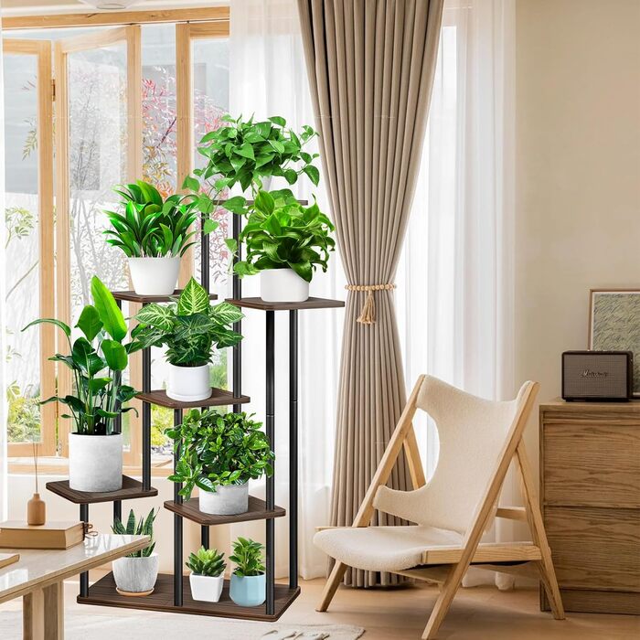 Рівнева дерев&39яна полиця для квітів, підставка для рослин, багаторівнева підставка для квітів, підставка для рослин, лавка для квітів, драбина для рослин, полиця для внутрішнього саду, декор балкону (чорний дуб) 7 рівнів, чорний дуб, 7-