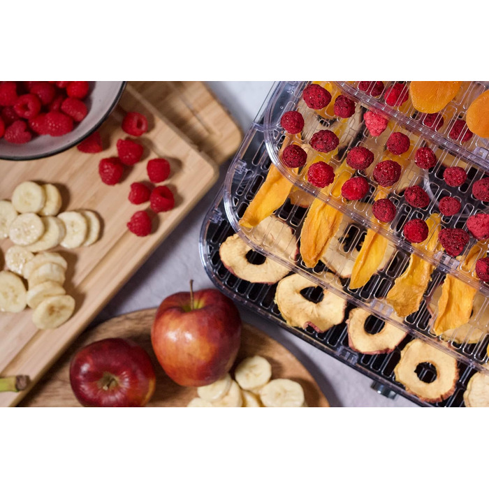 Дегідратор KLAMER 400 Вт, 24-годинний таймер і регулятор температури 35-70C, 5 вставок, що регулюються по висоті, сушарка з облицюванням з нержавіючої сталі, без BPA