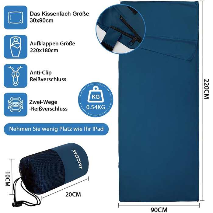Підкладка для спального мішка, надлегкий шовковий спальний мішок для подорожей, підкладка для спального мішка 2-в-1, зручний та м&39який спальний мішок, невеликий розмір упаковки, виготовлений з мікрофібри, ідеально підходить для походів, готелів, синій