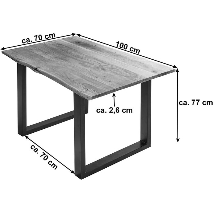 Обідній стіл SAM 100x70 см Billy, справжній живий край, обідній стіл з масиву акації натуральний колір, стіл з живим краєм та U-подібною рамою чорний 100 x 70 см натуральний колір / чорний