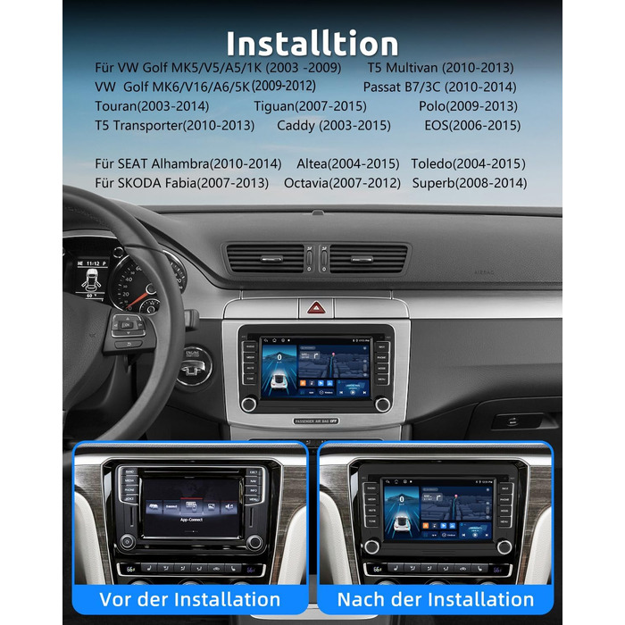 Автомобільне радіо Essgoo 464G Android 14 для VW Caddy Golf MK5 6 Polo Passat Seat RCD330 з бездротовим CarPlay Android Auto, 2 Din радіо з 7-дюймовим сенсорним екраном Bluetooth FM RDS GPS WiFi
