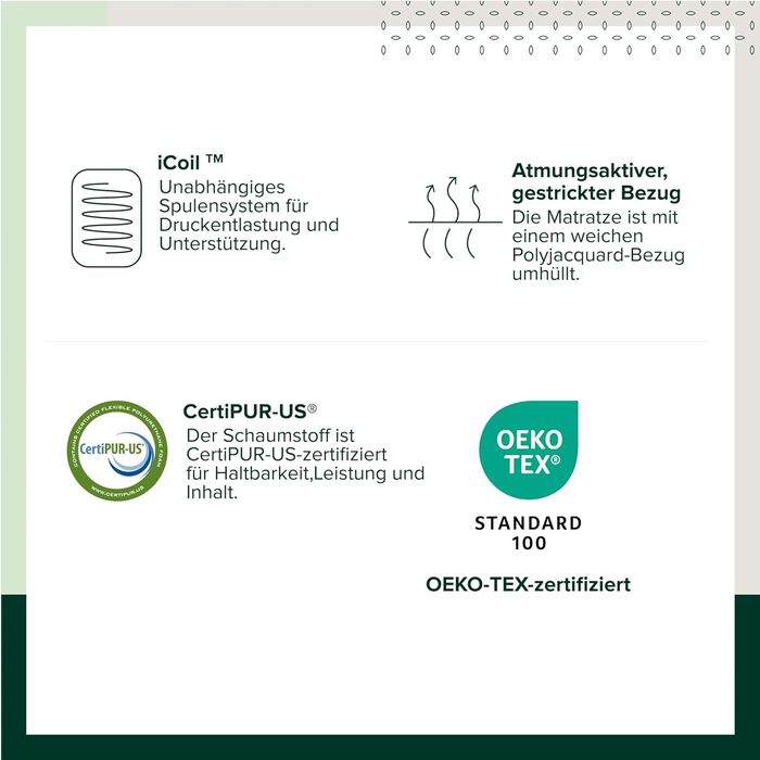 Гібридний пружинний матрац Zinus Hybrid 140x200 см - Рівень жорсткості H2/H3 - Висота 25 см - Охолоджувальний ергономічний матрац з піни з ефектом пам&39яті - Сертифіковано Oeko-TEX - Виготовлено відповідно до німецьких стандартів якості, висота 25 см. Гі