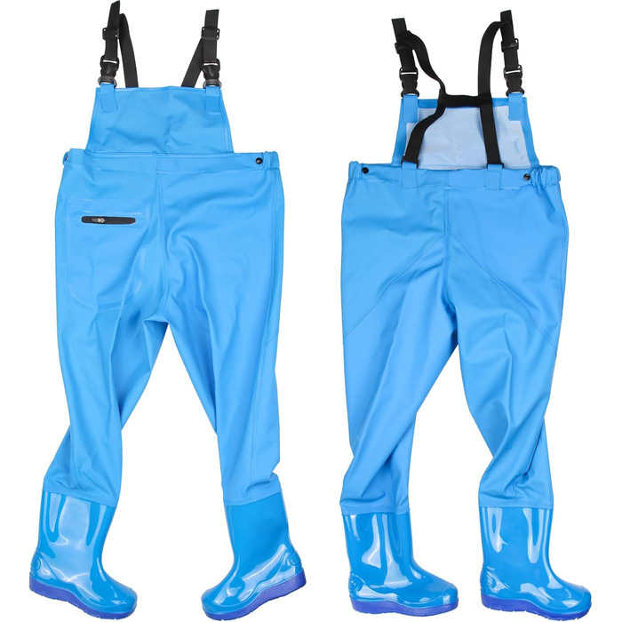 Дитячі вейдерси VicBre для хлопчиків та дівчаток, кишеня на блискавці, регульовані лямки, дизайн із застібкою на спині, водонепроникні штани від дощу з черевиками, вейдерси для підлітків, розмір 34, синій