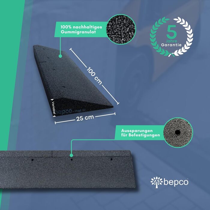 Бордюрний пандус Bepco, 100 × 25 × 10 см — гумовий заїжджий поріг із вбудованими шайбами для кріплення (чорний)
