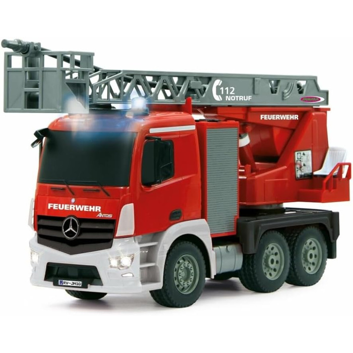Пожежна машина з драбиною Mercedes Antos 120, 2.4G - з німецькою сиреною та синіми світловими сигналами, резервуар для води 420 мл, реальна функція розпилення води, програмовані функції, повнопривідний механізм., 404960 -
