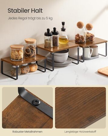 Стійка для спецій, набір із 3 кухонних органайзерів, штабелюється, розширюється, композитний метал та дерево, вінтажний коричнево-матово-чорний KCS220K02 19,5 Г x 29,7 Ш x 15,8 В см, білосніжно-білий матово-білий