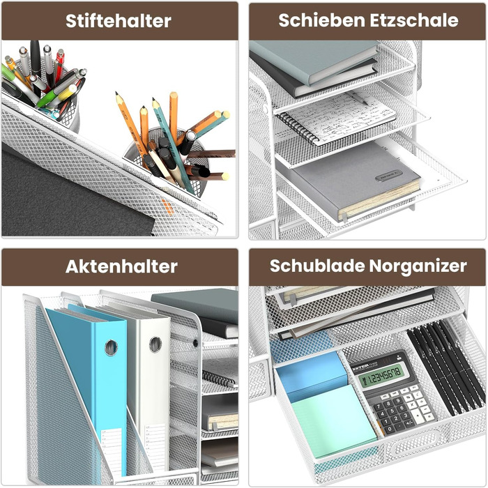 Рівневий сітчастий органайзер для столу з шухлядою, лотками для файлів та тримачами для ручок - рішення для зберігання офісного та художнього приладдя для паперу для малювання, сортувальника олівців, тримача для журналів (білий), 5-