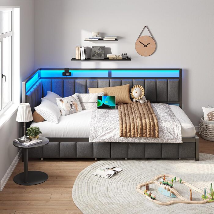 М&39яке ліжко-диван-ліжко 90x200 зі світлодіодним освітленням та USB-зарядною станцією, Дитяче ліжко-кушетка 90x200 з металевою рейковою основою та 2 шухлядами, Гостьове ліжко, Каркас ліжка без матраца, Темно-сірий 90x200 см