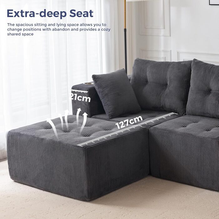 Кутовий диван MAXYOYO з вельвету з підсклянником, модульний диван, що трансформується в L-подібний та двоспальний диван, 3-місний диван без кісток для вітальні, не потребує складання, сірий, L-подібний