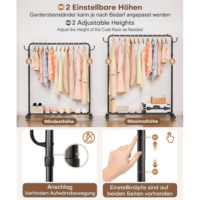 Багатофункціональна вішалка для одягу Yorbay з регульованою висотою на колесах міцна металева вішалка для одягу з полицею для багажу - компактна вішалка для одягу для спальні та пральні (117,5 см) чорного кольору 117,5 см