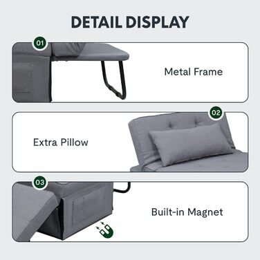 Крісло FLEXISPOT Крісло для вітальні з пуфом для ніг Розкладне крісло-ліжко з функцією ліжка Трансформоване крісло-ліжко Розсувне крісло-ліжко Вантажопідйомність до 300 кг, Сірий, 91 * 69 * 35 см Темно-сірий (Маленький)
