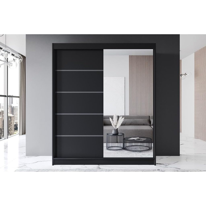 Шафа-купе з розсувними дверима чорного кольору 180x215x58 см з дзеркалом - Меблі для спальні, Місця для зберігання - Універсальна шафа, 3