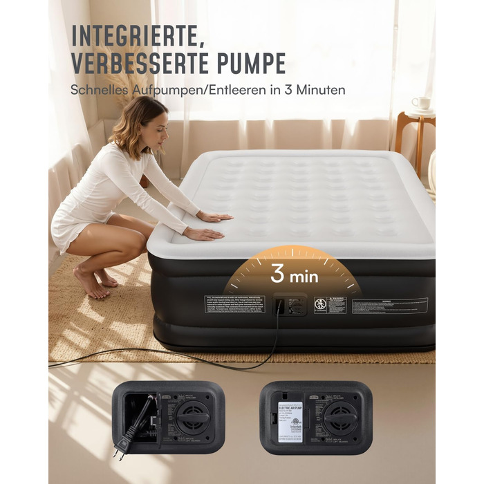 Надувний матрац Airefina для 2 осіб, самонадувальний, з вбудованим насосом, надувається за 3 хвилини, надувний матрац для кемпінгу та домашнього використання, міцне гостьове ліжко - 203 x 152 x 46 см, двоспальне (46 см)