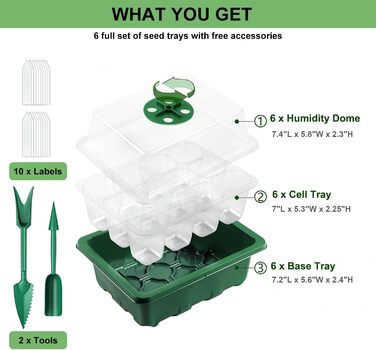 Теплиця для вирощування Feizeisun, 6 шт., 72 комірок, набір для міні-теплиці, міні-теплиця, ящик для вирощування в закритому приміщенні, піддон для вирощування теплиці з кришкою та вентиляцією для розсади, зелений