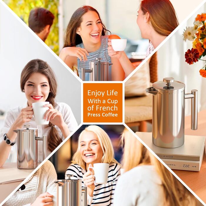 Кавоварка Enfmay French Press, 1 л френч-прес з нержавіючої сталі з 4 фільтрами та ложкою, знімна, легко чиститься, термо з ізоляцією з нержавіючої сталі для дому, подорожей та кемпінгу, срібло 1000 мл