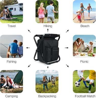 Компактний кемпінговий стілець зі знімною сумкою-холодильником об&39ємом 15 л, легке сидіння-рюкзак зі складною рамою, міцний складаний стілець для риболовлі, пікніків, трекінгу, полювання, походів, чорний