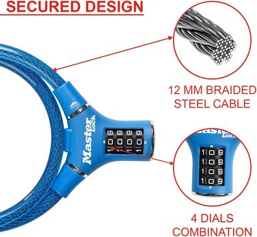 Тросовий замок для велосипеда MASTER LOCK Кодований замок Сталевий трос 90 см Вологостійкий Синій 8229EURDPROBLU - Ідеально підходить для велосипедів, електровелосипедів, скейтбордів, колясок, газонокосарок тощо.