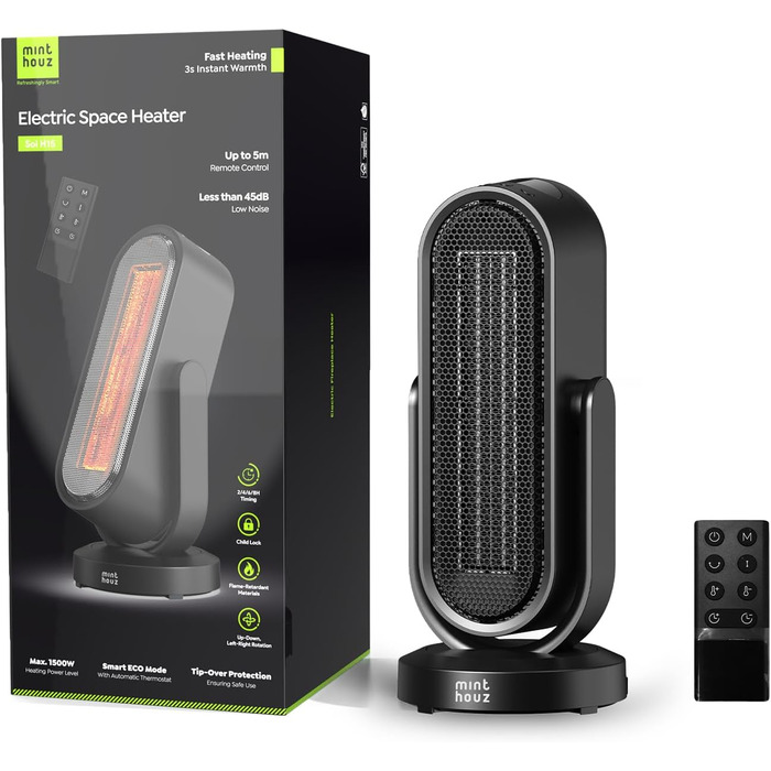 Енергозберігаючий вентилятор-обігрівач Minthouz, керамічний вентилятор-обігрівач потужністю 1500 Вт з PTC, 4-позиційним коливанням та дистанційним керуванням, екотермостат, 8-годинний таймер, захист від перегріву та перекидання, тихий для вітальні, спальн