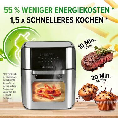 Цифрова фритюрниця GOURMETmaxx 12 л, духова шафа з нержавіючої сталі XXL Мультипіч таймер, сенсорний дисплей, гриль Нежирне, енергозберігаюче смаження 10 програм в т.ч. піца 1800 Вт нержавіюча сталь / чорний 12 літрів