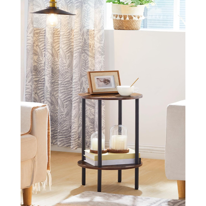 Круглий приставний столик, журнальний столик з 2 полицями, невелика тумбочка біля ліжка, журнальний столик в індустріальному стилі, для вітальні, спальні, вінтажний коричневий та чорний DTBZ01BF Вінтажний коричневий чорний 1