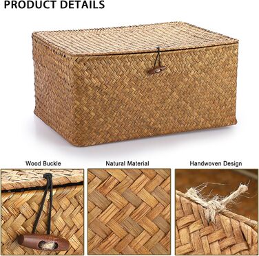 Кошик для зберігання морської трави IGNPION з кришкою, плетений настільний кошик з лози, прямокутний органайзер для зберігання у ванній кімнаті, декоративний кошик під полицею для вітальні, багатоцільовий кошик для зберігання (XL, 40x28x19 см, карамельний
