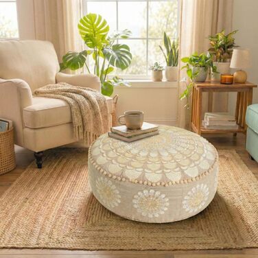 Кругла підлогова подушка Mandala Life ART XXL з помпонами, бежева, великий пуф/табурет, подушка для сидіння в стилі бохо, розкішна з художнім декором кімнати, плюшева, 100 бавовна, без наповнювача, 60x20 см, чохол для подушки 60x20 см, бежевий