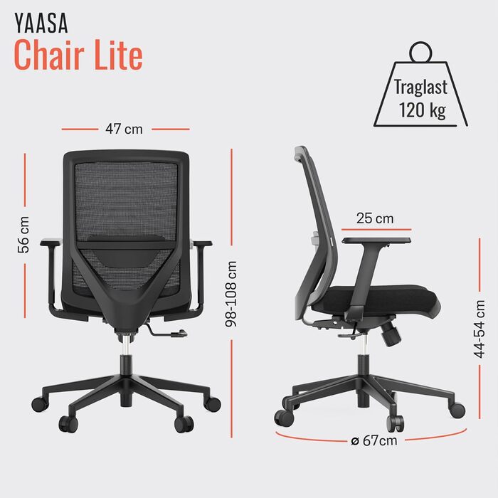 Ергономічне офісне крісло Yaasa Chair Lite, чорного кольору Робоче крісло з поперековою опорою та 1D підлокітниками Обертове крісло з плавно регульованим натягом спинки Домашній офіс та офіс 120 кг, чорний, Lite