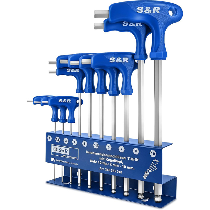 Набір шестигранних ключів S&R HX, високоміцна сталь S2, Т-подібна ручка, кулястий наконечник, надійний захист від корозії, металевий тримач для інструментів, 10 предметів 2 мм - 10 мм, набір шестигранних ключів метричний
