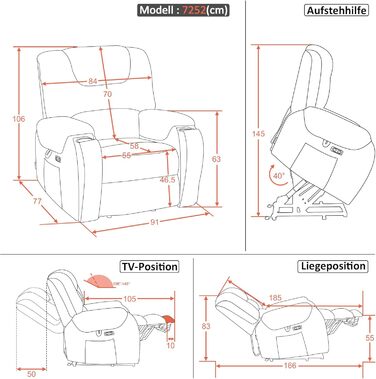 Електричне крісло-реклайнер для телевізора з підйомником, масажем та підігрівом, крісло-реклайнер з функцією нахилу на 145, подушка сидіння з піни 35D, приховані підставки для чашок 7252 (мікрофібра, бежево-коричневий) Бежево-коричнева мікрофібра