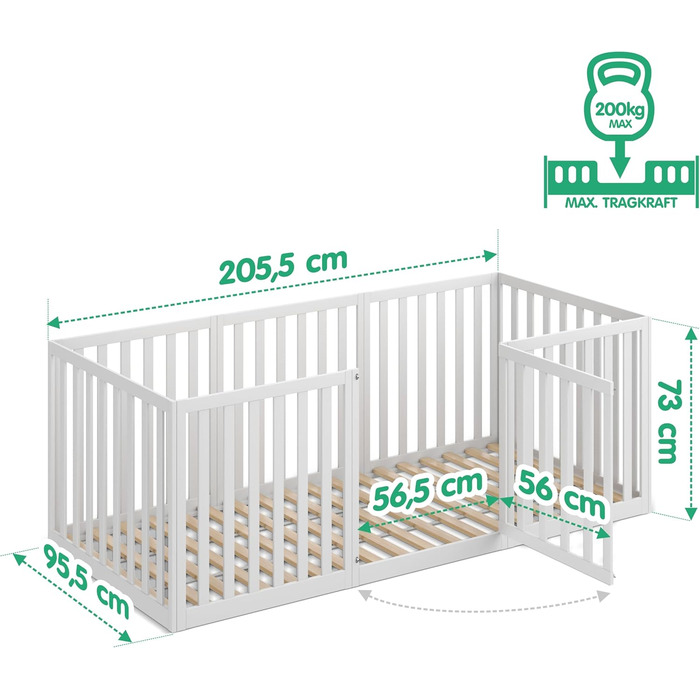 Дитяче ліжко CADANI Teso 90x200 см Ліжко-ліжко Монтессорі з дверцятами та захистом від падіння, 6 варіантів складання, масив сосни білого кольору, можна використовувати як манеж, вкл. рейкову основу 90 x 200 см білого кольору з дверцятами