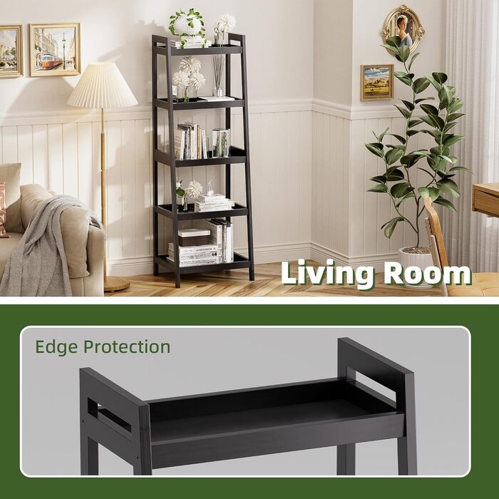 Книжкова полиця, 5-ярусна книжкова полиця-драбина з бамбуковим каркасом, окремостояча висока, вузька полиця для рослин для вітальні, кухні, спальні, балкону, чорна