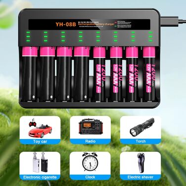 Акумуляторні батареї AAA Ni-MH, 8 акумуляторних батарей AAA з 8 зарядними пристроями для швидкої зарядки, для батарей Ni-MH AA/AAA, 8 слотів для зарядки 8 AAA