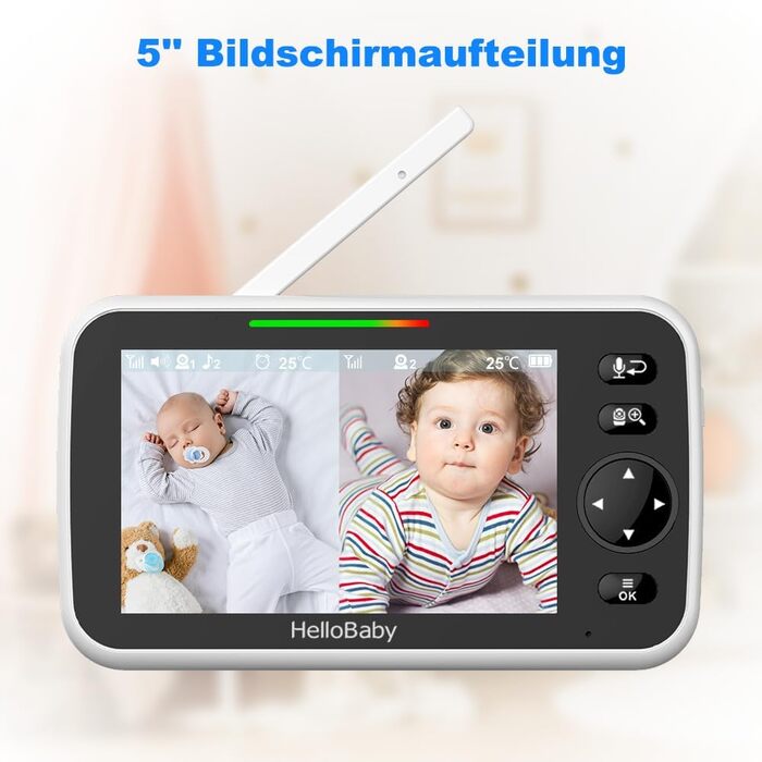 Камери HelloBaby, Радіус дії 305 м, Батарея на 26 годин, Розділений екран 5&39, Поворотна відеоняня 355/120, Без Wi-Fi, ECO, 2-сто