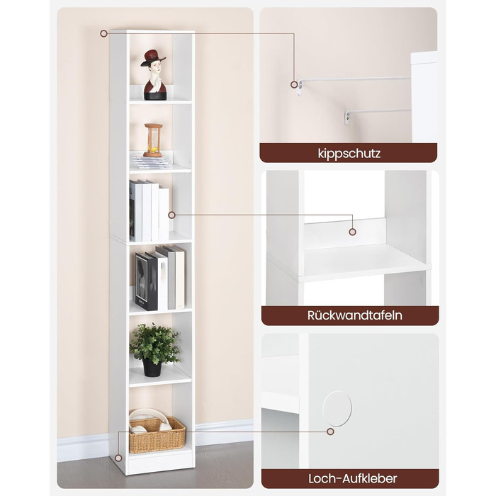 Книжкова полиця Hzuaneri, 6-ярусна книжкова шафа, кубічна полиця, сучасна відкрита дерев&39яна полиця, полиці для зберігання та демонстрації для вітальні, домашнього офісу, спальні, біла BC09603 шт. Білий 24 x 30 x 183 см