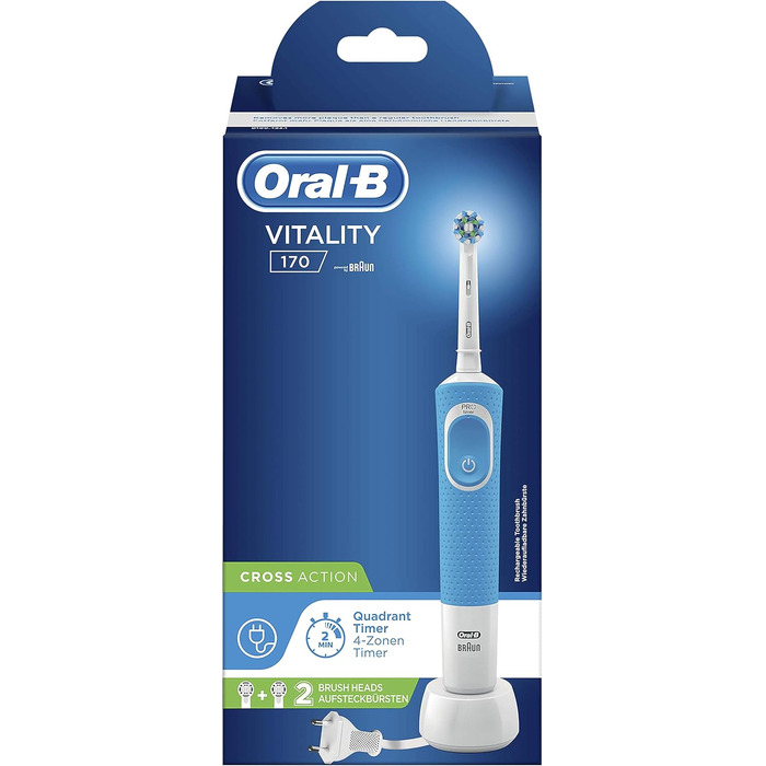 Електрична зубна щітка Oral-B, акумуляторна, Vitality 170, коливальний і обертовий рух, акумулятор тривалого терміну служби, 2 насадки для щітки та 1 зубна щітка, синій, ідея для подарунка