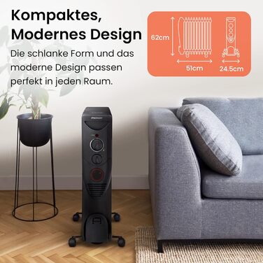 Енергозберігаючий масляний радіатор Pro Breeze потужністю 2500 Вт - електричний нагрівальний елемент з 11 ребрами, вбудованим таймером, 3 режимами нагріву, регульованим термостатом та функцією безпечного відключення - чорний. Масляний радіатор 2500 Вт - ч