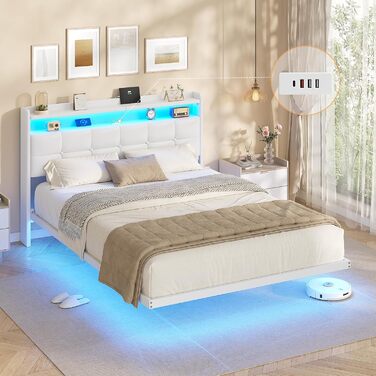 М&39яке ліжко 140x200 см, Ліжко 140 x 200 зі світлодіодним освітленням та зарядною станцією, Каркас ліжка з узголів&39ям, Каркас двоспального ліжка Плаваючий каркас ліжка, Металеве ліжко, ПУ, Сучасне, Біле (без матраца) 140 x 200 см Білий