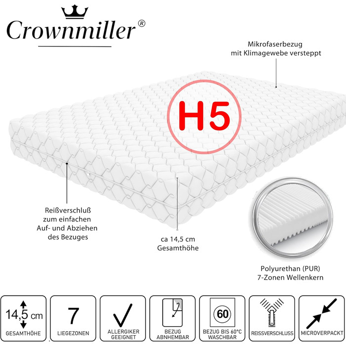 Зонний матрац Gigant Plus 140 x 200 см H5/наджорсткий - товщина приблизно 14,5 см, чохол можна прати при температурі до 60 градусів, сертифікований Oeko-TEX 100. 140 x 200 см наджорсткий - загальна висота 14,5 см, 7-