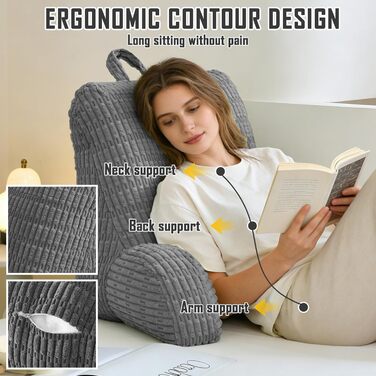 Подушка для читання для ліжка та дивана, диван для дорослих з подушкою для спинки, подушка сидіння з підлокітником, спинка підходить для перегляду телевізора, читання, гри в ігри на мобільному телефоні та гри в ліжку (сіра)