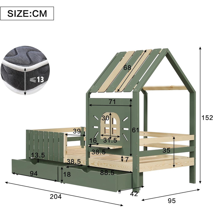 Дитяче ліжко 90x200 см, дерев&39яне ліжко з 2 шухлядами, ліжко-будиночок з дахом та вікном, каркас ліжка з рейковою основою, для дівчаток та хлопчиків, зелене, без матраца 90 x 200 см B