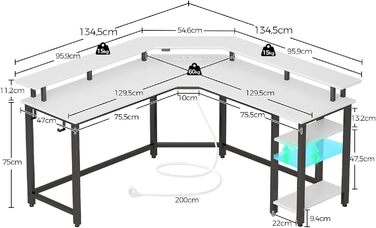 Г-подібний комп&39ютерний стіл Rolanstar з RGB-підсвічуванням та розетками, двосторонній кутовий ігровий стіл з місцем для зберігання та 2 гачками, комп&39ютерний стіл для офісу, кабінету, спальні (білий, 137 см) Білий 137 x 137 x 87 см
