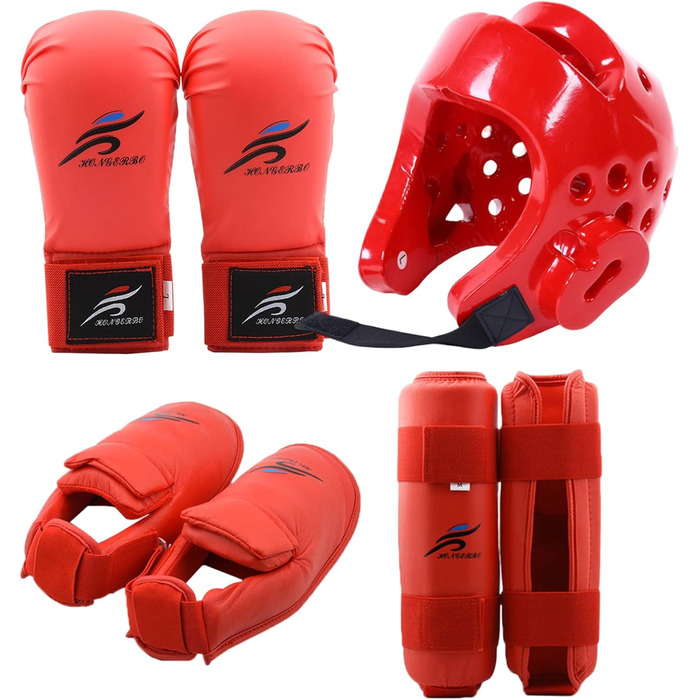 Захисне спорядження для спарингу, захисне спорядження для спарингу карате з поліестеру, тхеквондо, включає 1 шолом, 1 пару рукавичок та 1 пару захисних наколінників, також підходить для велоспорту, бойових мистецтв тощо, червоний, розмір S
