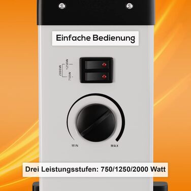 Електричний конвектор-радіатор Tronitechnik з 3 рівнями потужності 750/1250/2000 Вт, портативний з ручкою для перенесення та термостатом, захист від перегріву, окремостоячий, білий KH-101 2 кВт