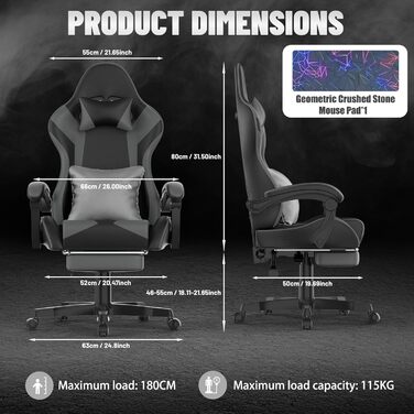 Ергономічне ігрове крісло Soontrans, ігрове крісло з пружинною подушкою, висувна підставка для ніг, підголівник, регульована висота, штучна шкіра, регульована спинка 90-135 (чорний/сірий)