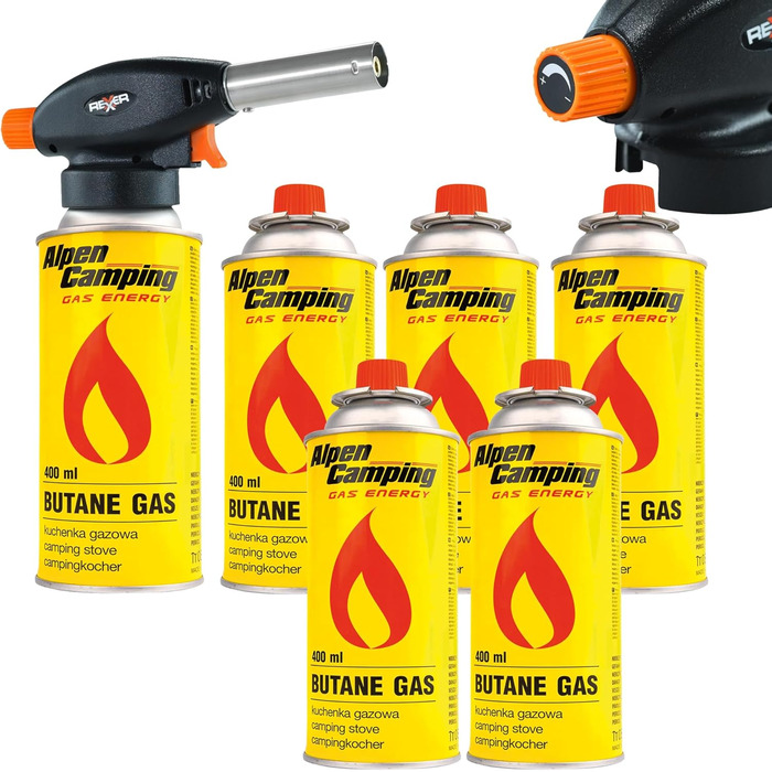 Комплект газових пальників REXXER 1100 Вт з 6 газовими картриджами по 227 г / 400 мл кожен, п&39єзорозпал, регулювання полум&39я, до 1300 C RB-04-105